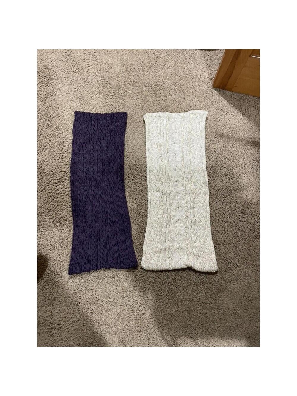 Lot of 2 knitted eternity scarves cream ivory with gold thread / purple
